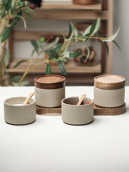 Ceramic Kitchen Seasoning Pot Set with Acacia Wood Tray and Lid - Three Piece Collection