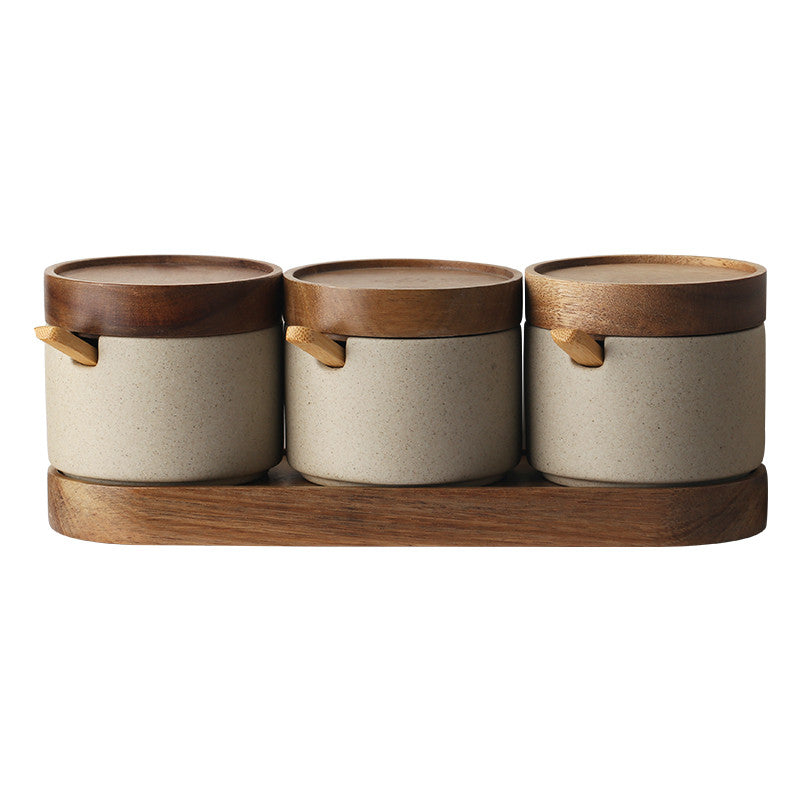 Ceramic Kitchen Seasoning Pot Set with Acacia Wood Tray and Lid - Three Piece Collection
