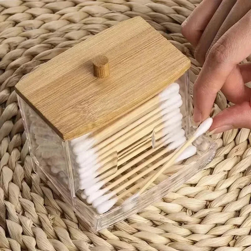 Transparent Square Cotton Swab Storage Box with Bamboo Lid - Dual-Head Cotton Buds and Toothpick Organizer