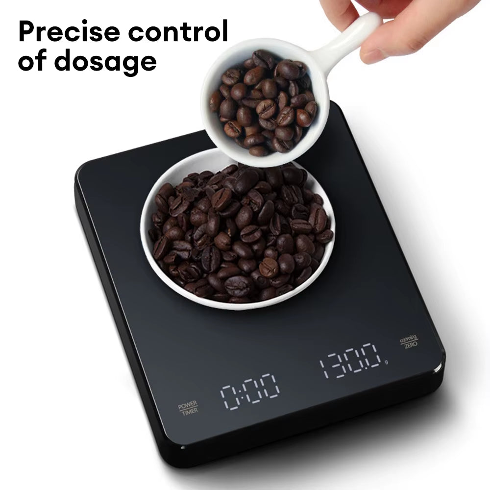 High Precision Digital Coffee Scale with Timer and LED Screen - USB Rechargeable, 3Kg Max Capacity, 0.1G Accuracy, Measures in Oz/Ml/G