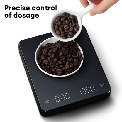 High Precision Digital Coffee Scale with Timer and LED Screen - USB Rechargeable, 3Kg Max Capacity, 0.1G Accuracy, Measures in Oz/Ml/G