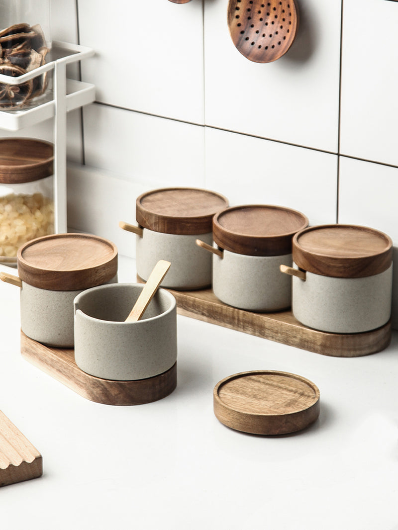 Ceramic Kitchen Seasoning Pot Set with Acacia Wood Tray and Lid - Three Piece Collection