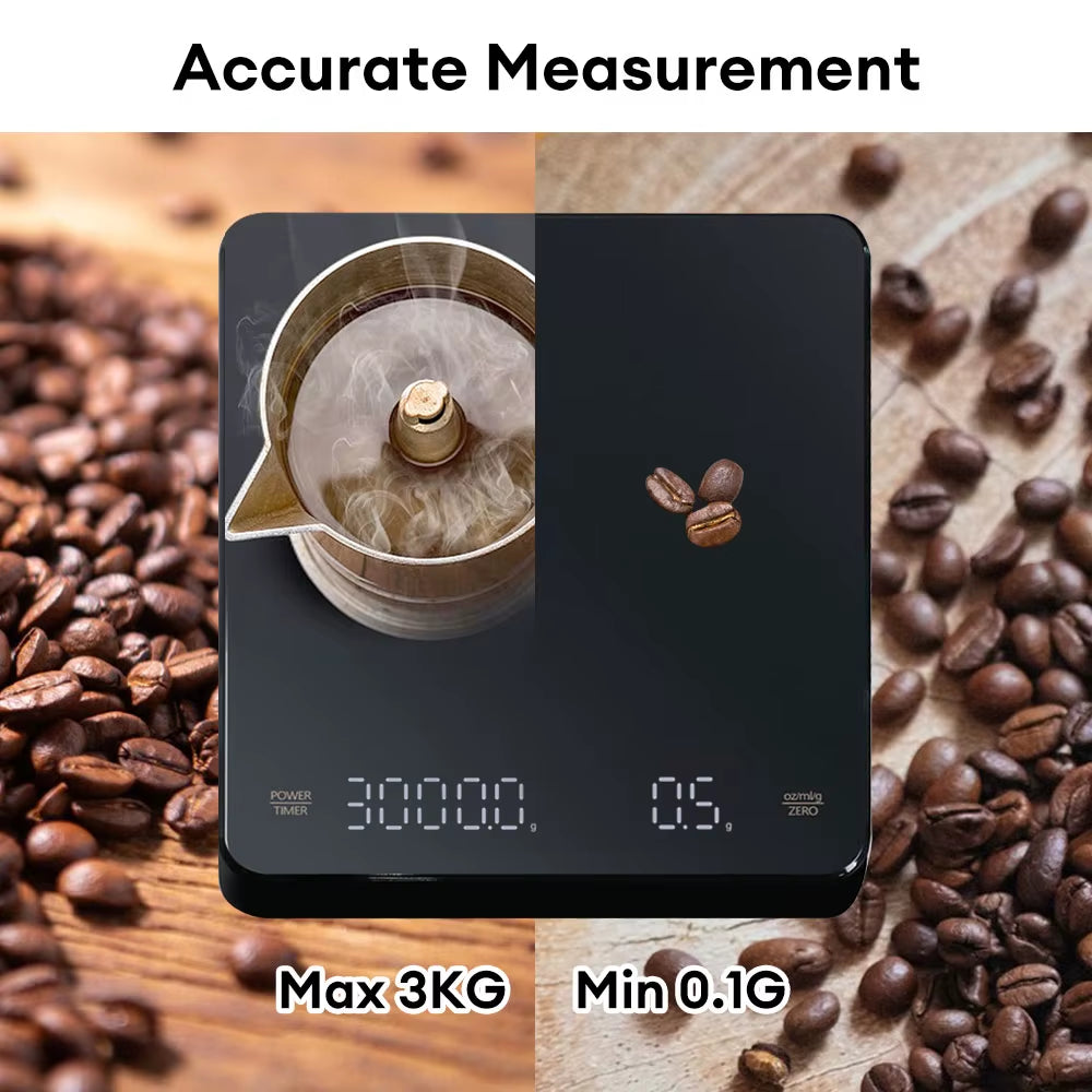 High Precision Digital Coffee Scale with Timer and LED Screen - USB Rechargeable, 3Kg Max Capacity, 0.1G Accuracy, Measures in Oz/Ml/G