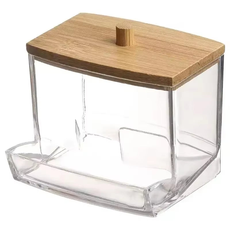 Transparent Square Cotton Swab Storage Box with Bamboo Lid - Dual-Head Cotton Buds and Toothpick Organizer