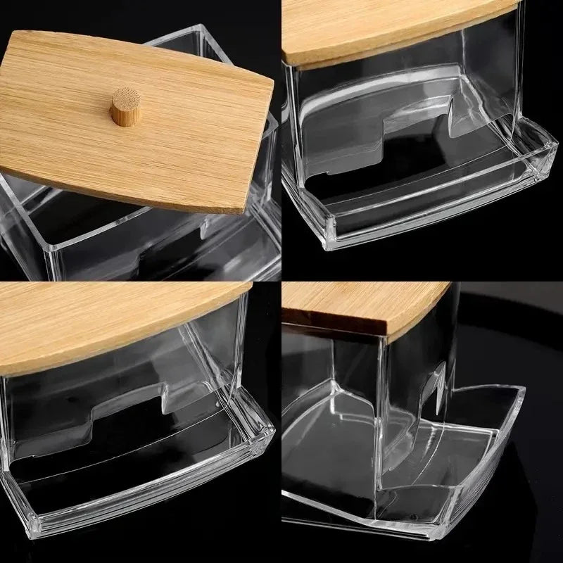 Transparent Square Cotton Swab Storage Box with Bamboo Lid - Dual-Head Cotton Buds and Toothpick Organizer