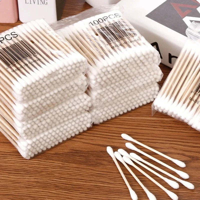 Transparent Square Cotton Swab Storage Box with Bamboo Lid - Dual-Head Cotton Buds and Toothpick Organizer