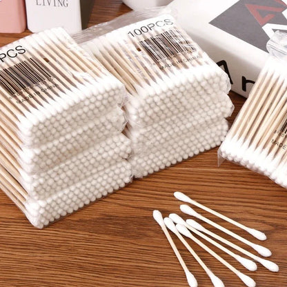 Transparent Square Cotton Swab Storage Box with Bamboo Lid - Dual-Head Cotton Buds and Toothpick Organizer