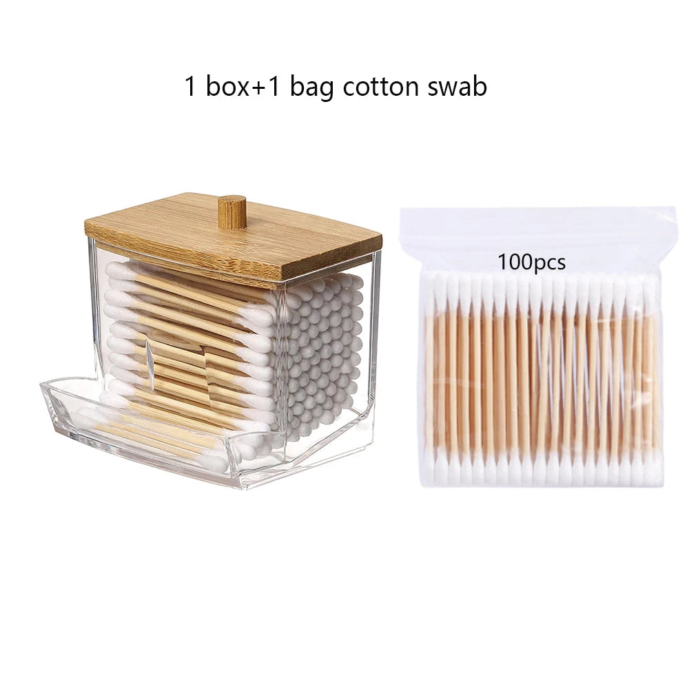 Transparent Square Cotton Swab Storage Box with Bamboo Lid - Dual-Head Cotton Buds and Toothpick Organizer