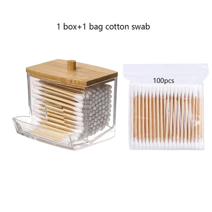 Transparent Square Cotton Swab Storage Box with Bamboo Lid - Dual-Head Cotton Buds and Toothpick Organizer