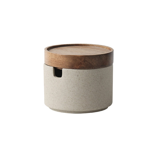 Ceramic Kitchen Seasoning Pot Set with Acacia Wood Tray and Lid - Three Piece Collection