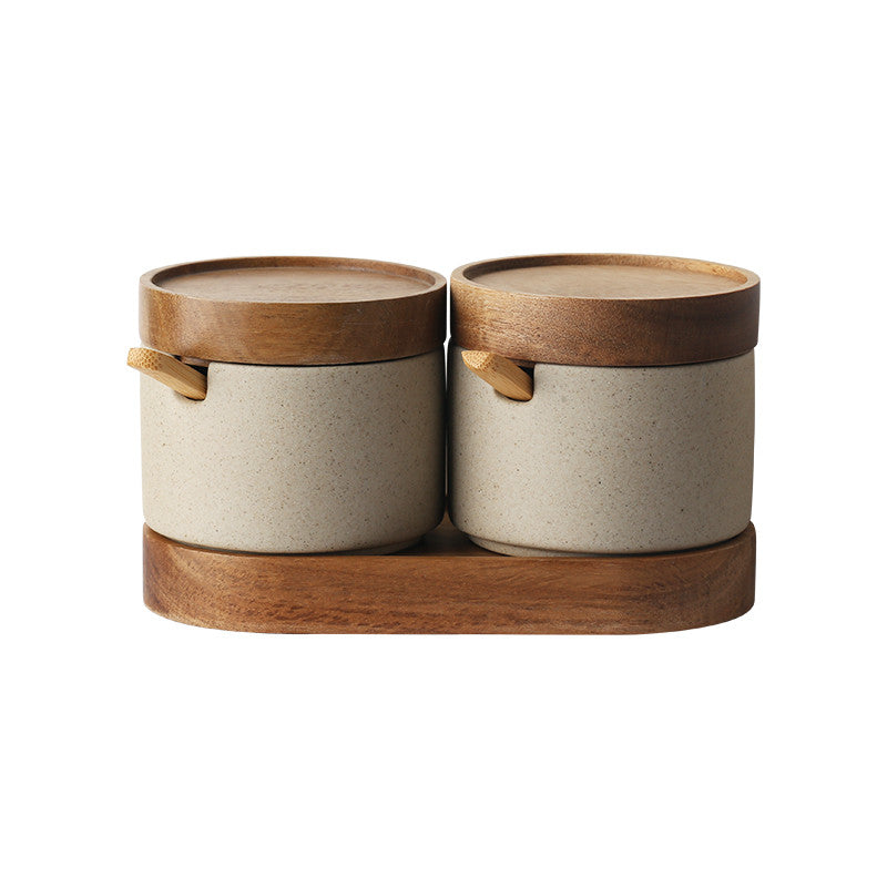 Ceramic Kitchen Seasoning Pot Set with Acacia Wood Tray and Lid - Three Piece Collection