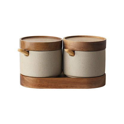 Ceramic Kitchen Seasoning Pot Set with Acacia Wood Tray and Lid - Three Piece Collection