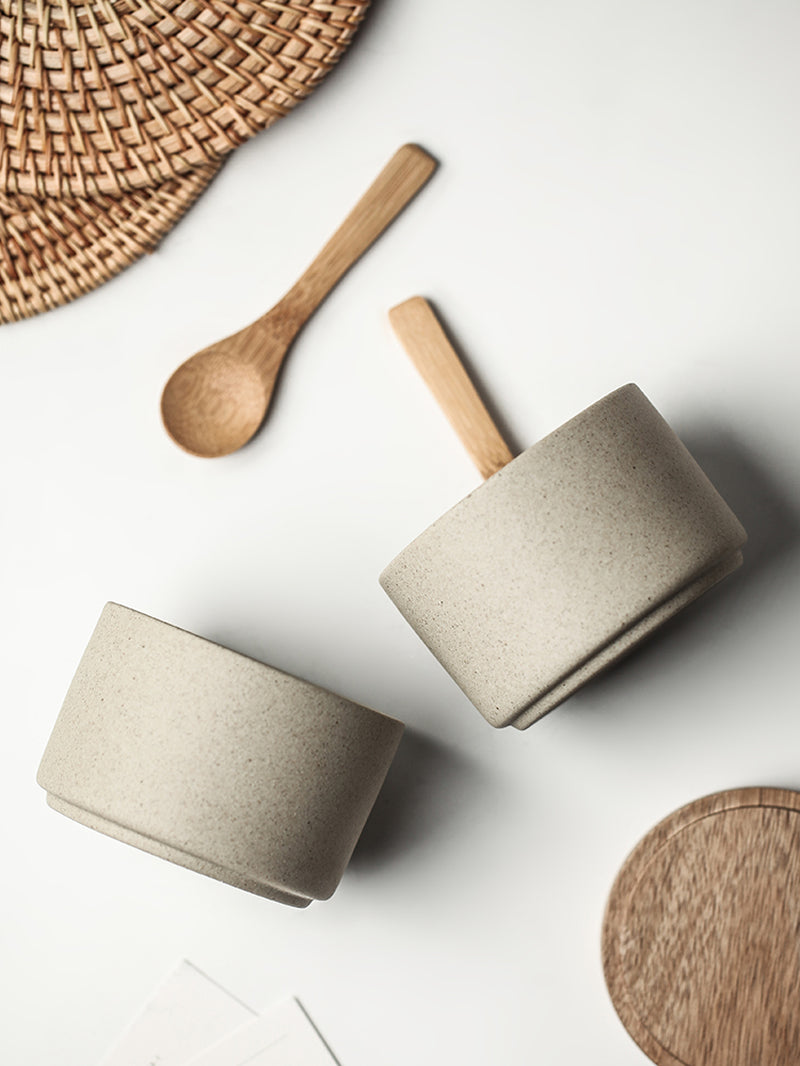 Ceramic Kitchen Seasoning Pot Set with Acacia Wood Tray and Lid - Three Piece Collection