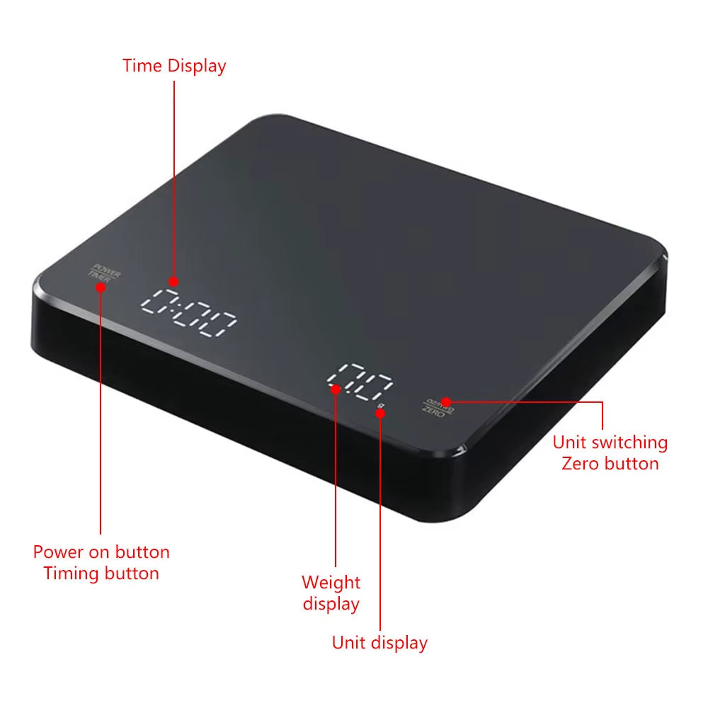 High Precision Digital Coffee Scale with Timer and LED Screen - USB Rechargeable, 3Kg Max Capacity, 0.1G Accuracy, Measures in Oz/Ml/G
