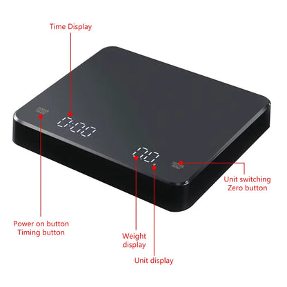 High Precision Digital Coffee Scale with Timer and LED Screen - USB Rechargeable, 3Kg Max Capacity, 0.1G Accuracy, Measures in Oz/Ml/G