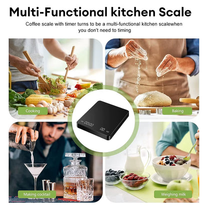 High Precision Digital Coffee Scale with Timer and LED Screen - USB Rechargeable, 3Kg Max Capacity, 0.1G Accuracy, Measures in Oz/Ml/G
