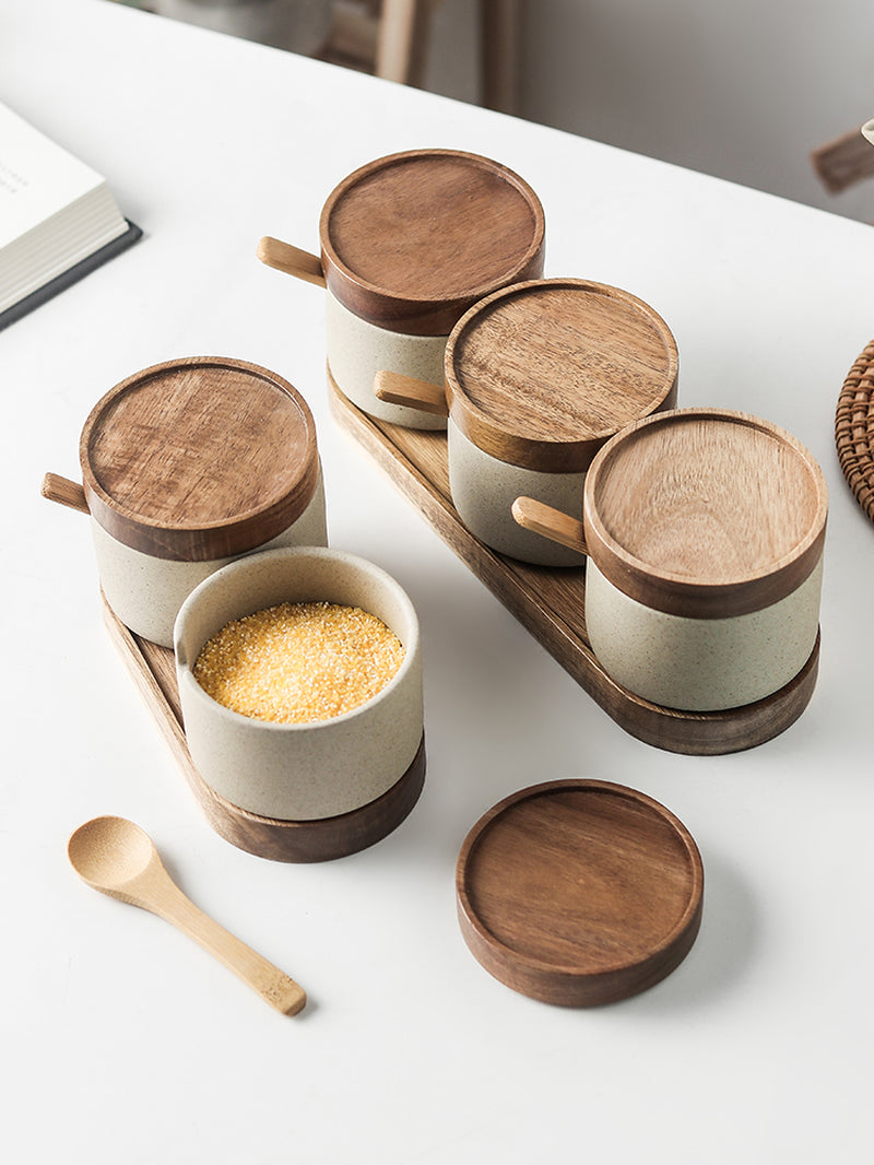 Ceramic Kitchen Seasoning Pot Set with Acacia Wood Tray and Lid - Three Piece Collection