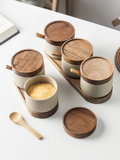 Ceramic Kitchen Seasoning Pot Set with Acacia Wood Tray and Lid - Three Piece Collection