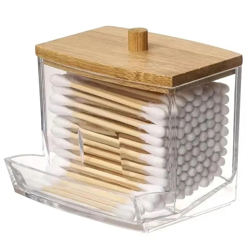 Transparent Square Cotton Swab Storage Box with Bamboo Lid - Dual-Head Cotton Buds and Toothpick Organizer