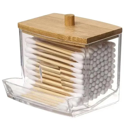 Transparent Square Cotton Swab Storage Box with Bamboo Lid - Dual-Head Cotton Buds and Toothpick Organizer