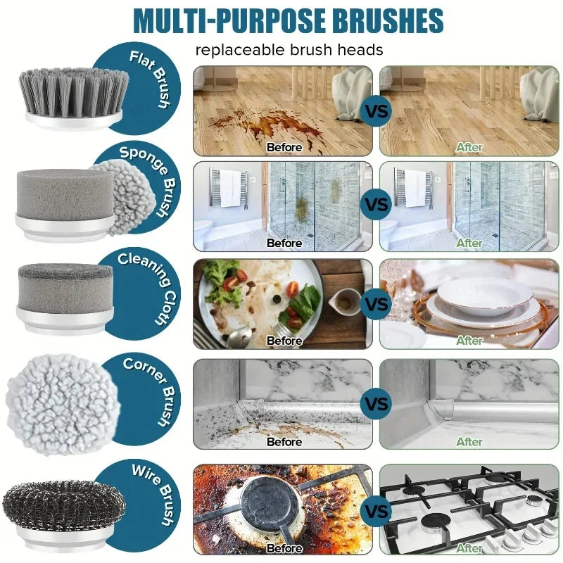 Electric Cordless Spin Scrubber with Five Interchangeable Brush Heads for Efficient Bathroom Cleaning