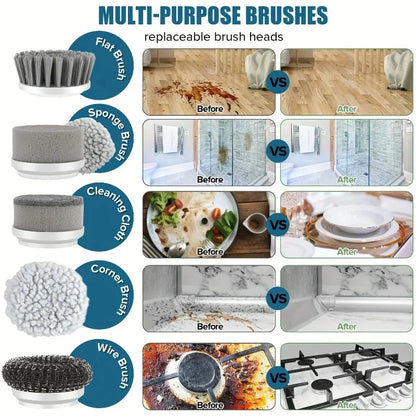 Electric Cordless Spin Scrubber with Five Interchangeable Brush Heads for Efficient Bathroom Cleaning