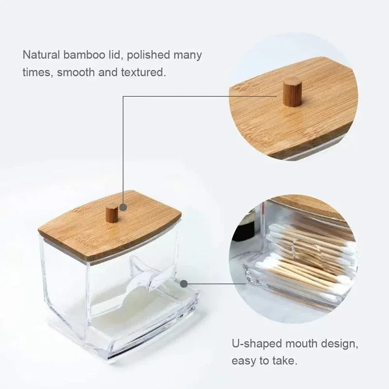 Transparent Square Cotton Swab Storage Box with Bamboo Lid - Dual-Head Cotton Buds and Toothpick Organizer