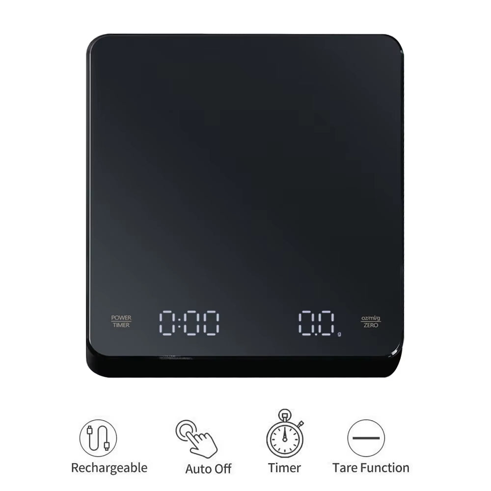 High Precision Digital Coffee Scale with Timer and LED Screen - USB Rechargeable, 3Kg Max Capacity, 0.1G Accuracy, Measures in Oz/Ml/G