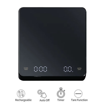 High Precision Digital Coffee Scale with Timer and LED Screen - USB Rechargeable, 3Kg Max Capacity, 0.1G Accuracy, Measures in Oz/Ml/G
