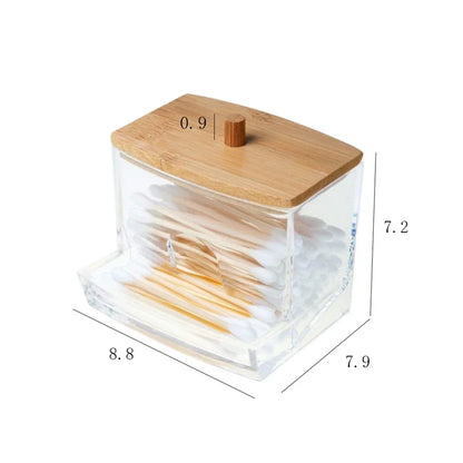 Transparent Square Cotton Swab Storage Box with Bamboo Lid - Dual-Head Cotton Buds and Toothpick Organizer