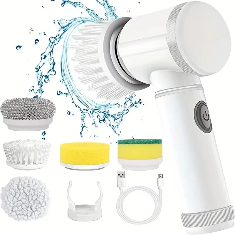 Electric Cordless Spin Scrubber with Five Interchangeable Brush Heads for Efficient Bathroom Cleaning