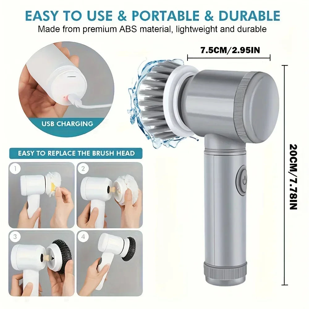 Electric Cordless Spin Scrubber with Five Interchangeable Brush Heads for Efficient Bathroom Cleaning
