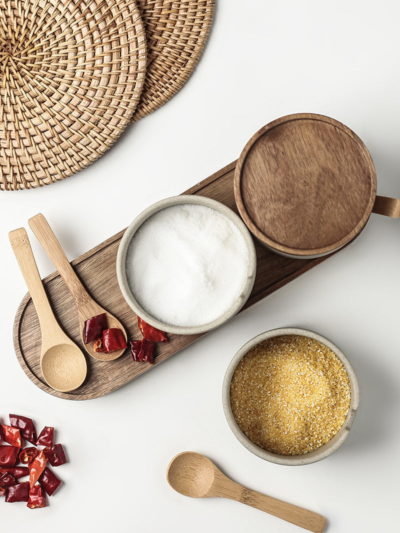 Ceramic Kitchen Seasoning Pot Set with Acacia Wood Tray and Lid - Three Piece Collection