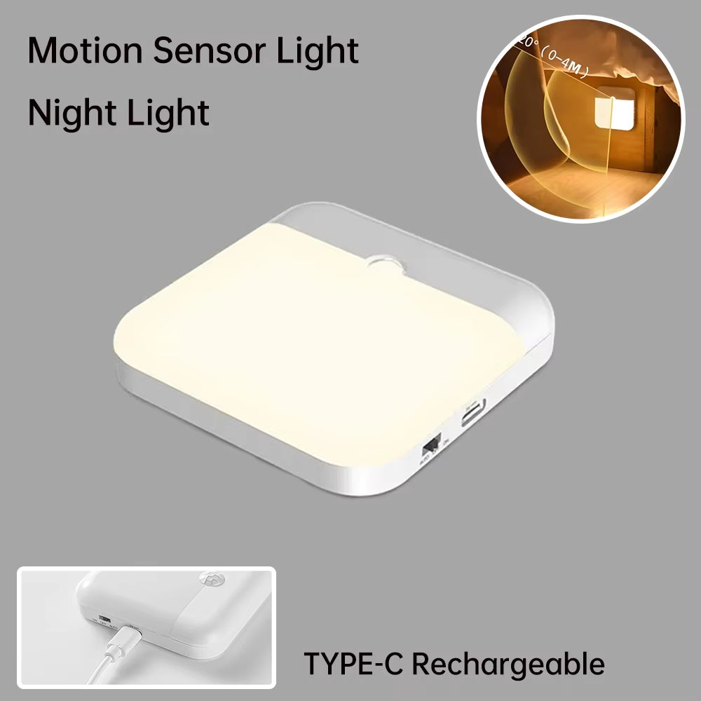 Wireless LED Motion Sensor Night Light - Rechargeable Type C Cabinet and Staircase Lamp for Kitchen and Wardrobe